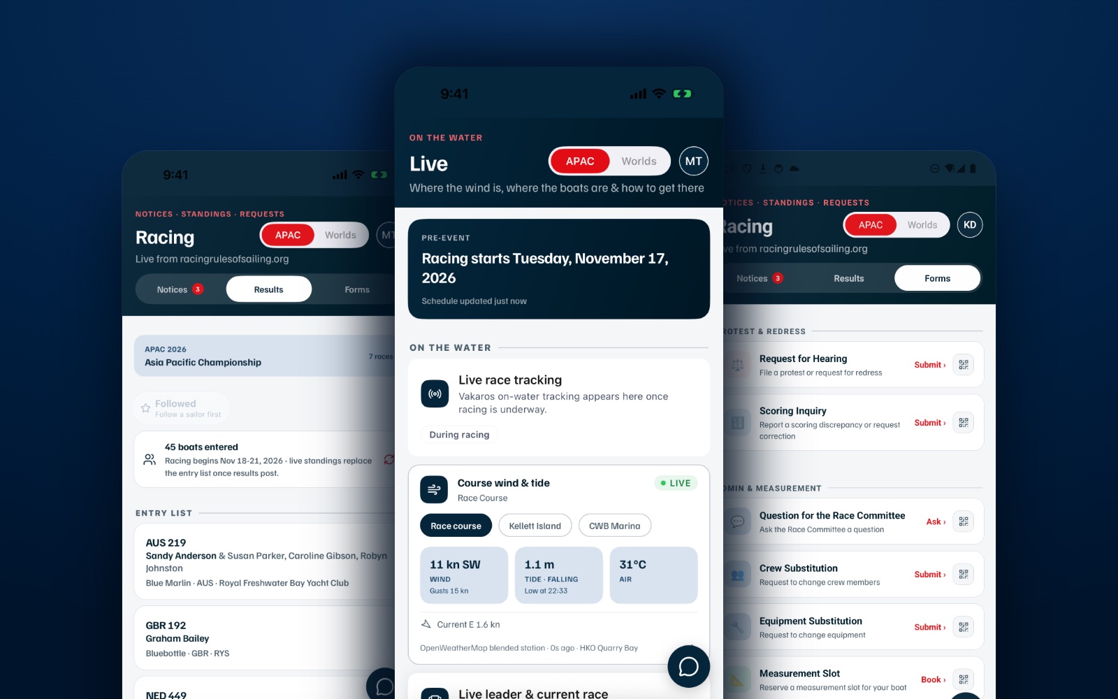 Three screens of the championship app: the entry list and results, the Live screen showing wind, tide and air temperature at the race course, and the race-office forms for hearing requests, scoring inquiries, crew and equipment substitutions and measurement slots