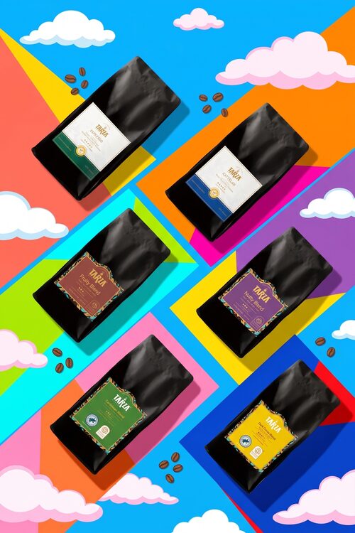 Six bags of TARZA Caffe coffee, each a different blend, laid out on a colourful graphic background with coffee beans scattered between them