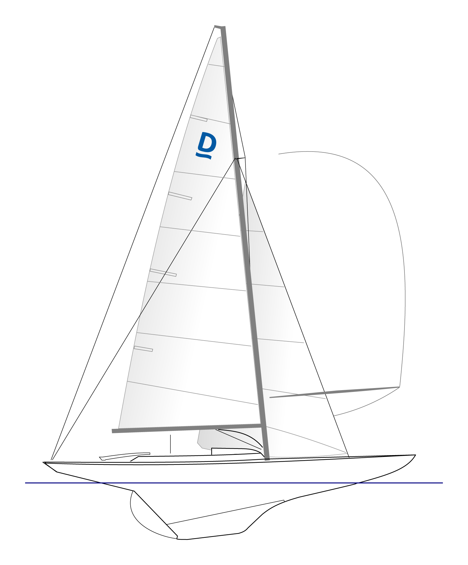 A 3D model of a Dragon keelboat with white sails and a grey hull, numbered with a blue D.