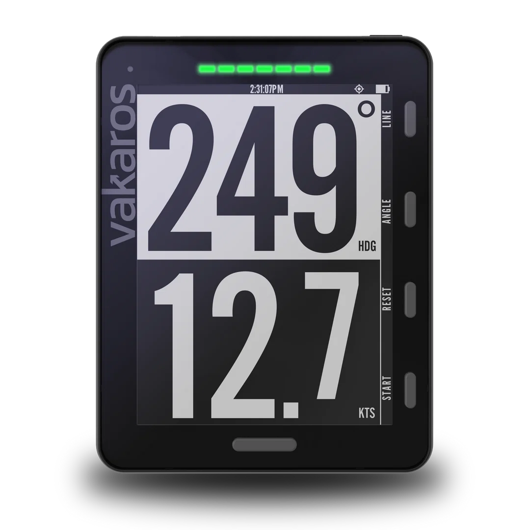 A Vakaros Atlas 2 showing a heading of 249 degrees and a boat speed of 12.7 knots